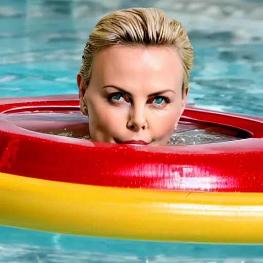 Image similar to charlize theron swimming in a pool filled with catsup