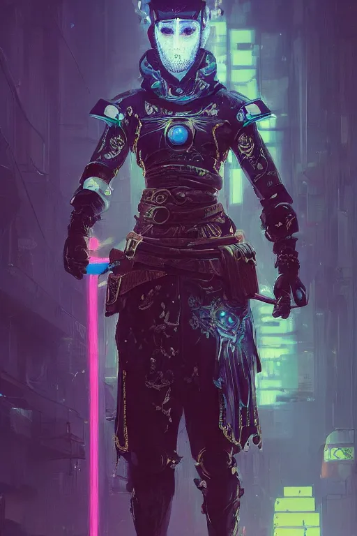 Prompt: a janissary, cyberpunk futuristic neon. fencing, long sword in her hand, decorated with traditional japanese ornaments by ismail inceoglu dragan bibin hans thoma greg rutkowski alexandros pyromallis nekro rene maritte illustrated, perfect face, fine details, realistic shaded, fine - face, pretty face, masterpiece
