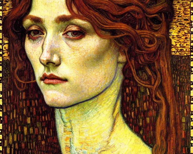 Image similar to detailed realistic beautiful young medieval queen face portrait by jean delville, gustav klimt and vincent van gogh, art nouveau, symbolist, visionary, gothic, pre - raphaelite, muted earthy colors, desaturated