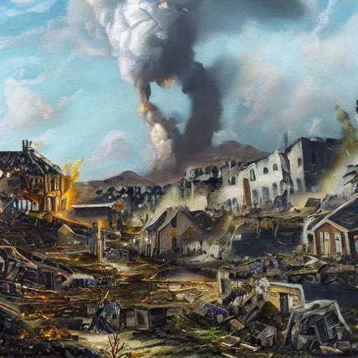 Image similar to oil painting of a village being destroyed by a giant alien