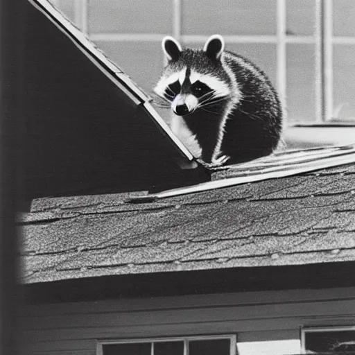 Prompt: 1 9 6 8 national geographic, raccoon on roof, backlit,