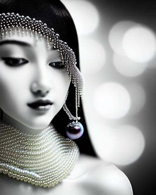 Image similar to black and white dreamy young beautiful veiled female artificial intelligence, realistic pearl ornament in the face, long hair are intricate with highly detailed realistic pearls, cinematic, rim light, bokeh, photo - realistic, elegant, high detail, 8 k, masterpiece, photo taken in 1 9 3 0