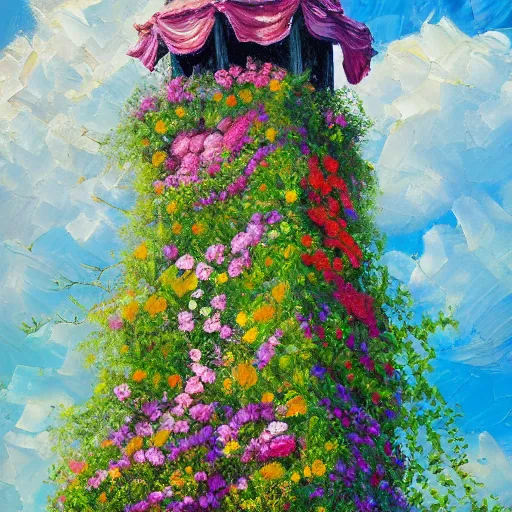 Prompt: The flower tower, oil painting, award-winning, highly detailed palette knife oil painting, thick impasto, painterly