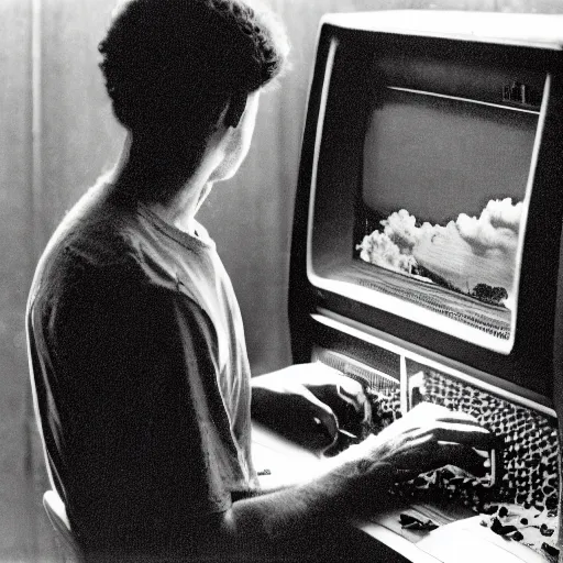 Image similar to a high resolution photo of a sad man watching the end of the world on a vintage computer