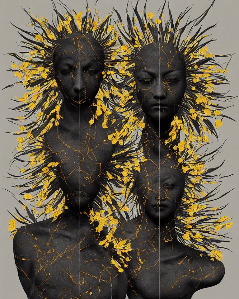 Image similar to symmetrical painting of a fractured obsidian east - asian statue of helianthus and tropaeolum fixed with kintsugi, rendered in octane trending on cgsociety. extremely detailed and intricate art