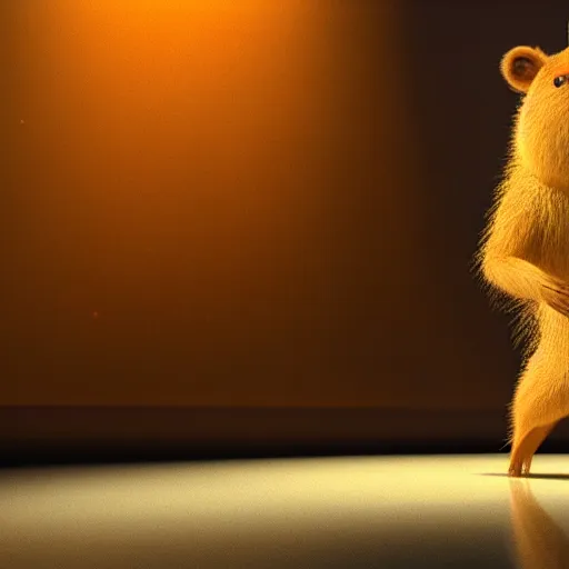 Image similar to Pixar type render of a capybara in a white tutu center stage with one light pointing at him sparkles and tension for the audition