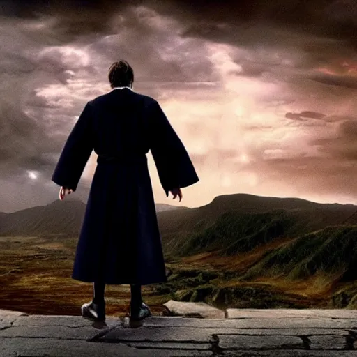 Prompt: Harry potter upright and levitating, back view, thunderclouds, cinematic shot, epic scale, waving robe photorealistic detail and quality, movie still, nighttime, crescent moon, sharp and clear, action shot, intense scene, visually coherent, symmetry, rule of thirds, movement, vivid colors, award winning, directed by Steven Spielberg, Christopher Nolan, Tooth Wu, Asher Duran, Greg Rutkowski