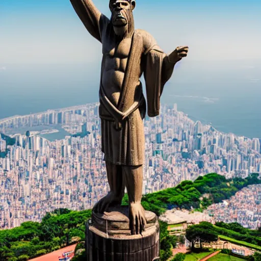 Image similar to high quality portrait of a monkey in front of Christ The Redeemer, studio photograph, photograph, realistic photo, 8k photo, 4k photo, stock photo, high resolution, cinematic shot, high detail