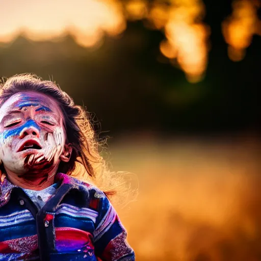 Prompt: 100mm bokeh realistic outdoors photo of a child with various vivid colors of pain smeared on their face, eyes closed, sunset behind them, HDR cinematic lens