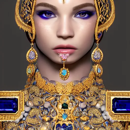 Image similar to portrait of pretty princess with perfect skin, glowing, ornate and intricate sapphire jewelry, jaw dropping beauty, glowing backdrop, white accent lighting, hyper detailed, 4 k octane render