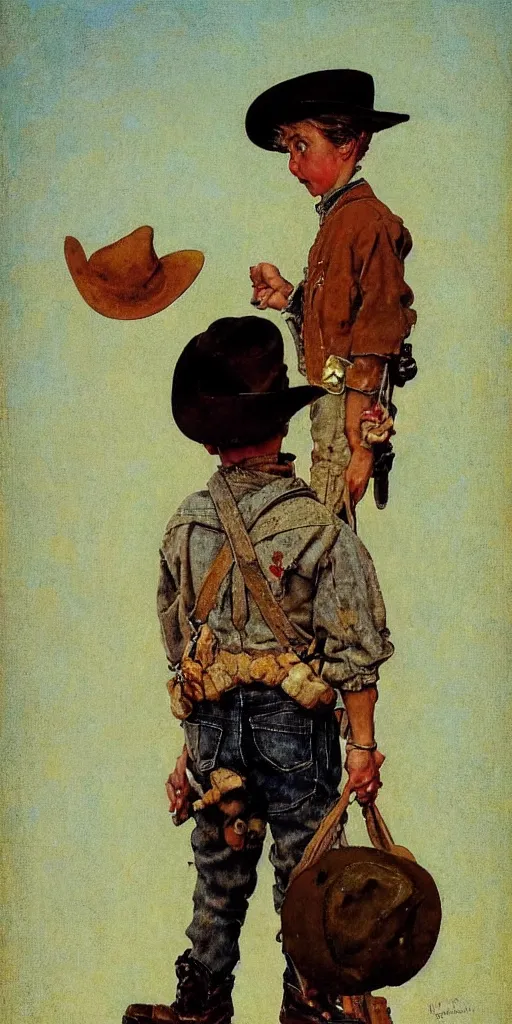 Prompt: “ ( ( ( ( ( cowboy wearing a tiny hat ) ) ) ) ) by norman rockwell!!!!!!!!!!!!!!!!!!!!! ”