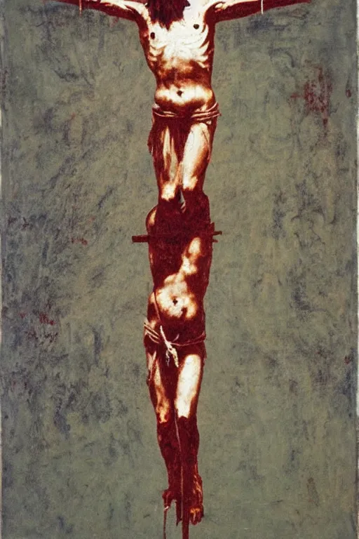 Image similar to bloody jesus christ crucified with a ufo of light above him painted by cy twombly and andy warhol