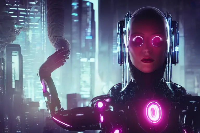 Image similar to cyberpunk cyborg woman concept inspired, futuristic look, highly detailed body, very powerful, photorealistic camera shot, bright studio setting, studio lighting, crisp quality and light reflections, unreal engine 5 quality render