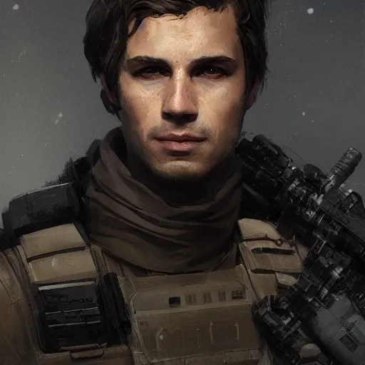 Image similar to portrait of a man by greg rutkowski, a soldier of the confederation of independent systems, wearing a beige and black tactical gear, star wars expanded universe, highly detailed portrait, digital painting, artstation, concept art, smooth, sharp foccus ilustration, artstation hq