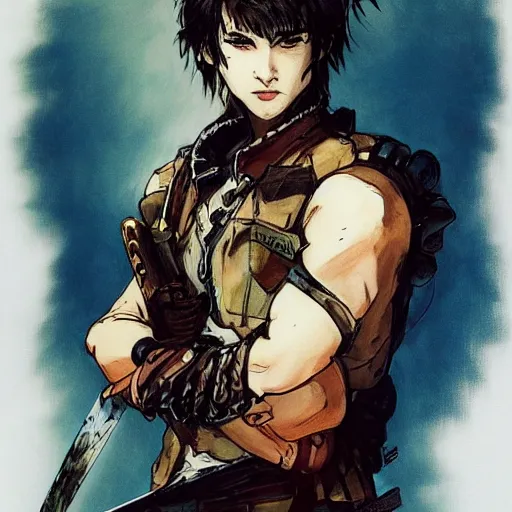 Prompt: portrait of a young white hero using his right arm to hold his sword covering his eye by yoji shinkawa, high quality, extra details, realism, ornate, colored, golden chain, blood, white skin, short hair, brown eyes, vivid, sunlight, headband, eyepatch, white american soldier, painting, cybernetics, military