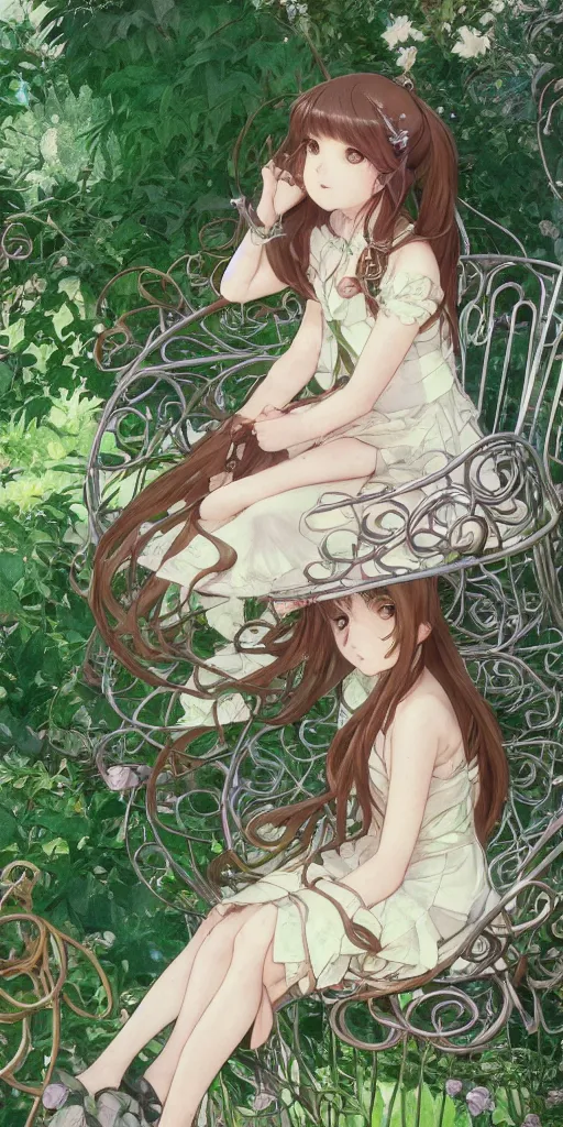 Prompt: a close up of a loli with long hair in a dress sitting on a metal garden chair in the privet garden at afternoon, green and warm theme, back lighting, by krenz cushart and mucha and akihito yoshida and greg rutkowski and studio ghibli, detailed eyes, 4 k resolution, trending on art station