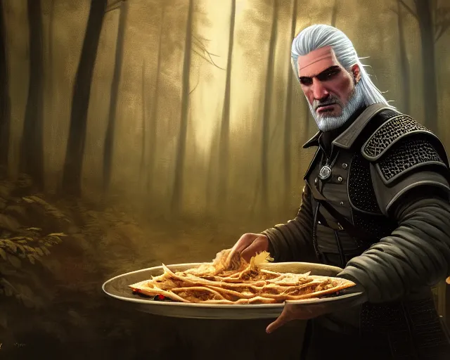 Image similar to 5 5 mm portrait photo of geralt of rivia serving shawarma, in a magical forest. dark atmosphere. art by greg rutkowski. highly detailed 8 k. intricate. lifelike. soft light. nikon d 8 5 0.