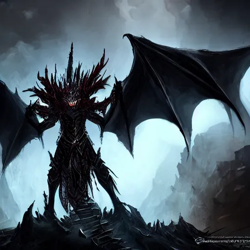 Image similar to dark fantasy concept of a vampire dragon god, with dark matter and molten armor on a mountain, cinematic, dynamic lighting, photorealistic, ultra detailed, trending on art station, stunning visuals, creative, hyper detailed