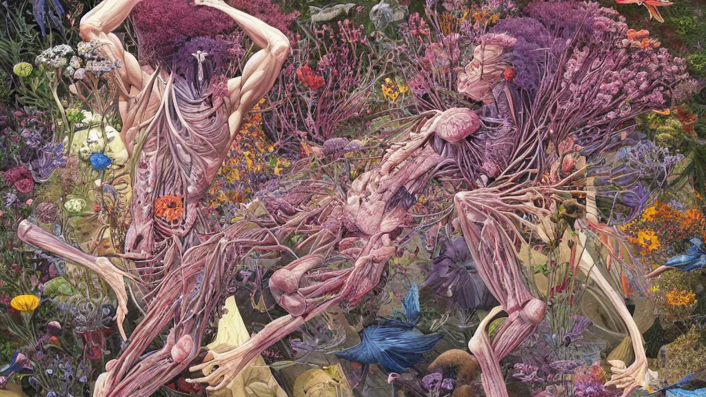 Image similar to highly detailed illustration of a human anatomy body exploded by all the known species of flowers by juan gatti, by makoto shinkai, by moebius!, by oliver vernon, by joseph moncada, by damon soule, by manabu ikeda, by kyle hotz, by dan mumford, by kilian eng