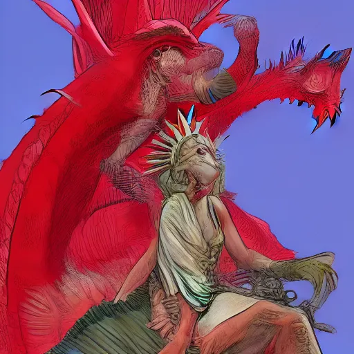 Prompt: lady gaga dressed as Lady Liberty sitting on top of a red dragon, illustration concept art in the style of Arthur Adams