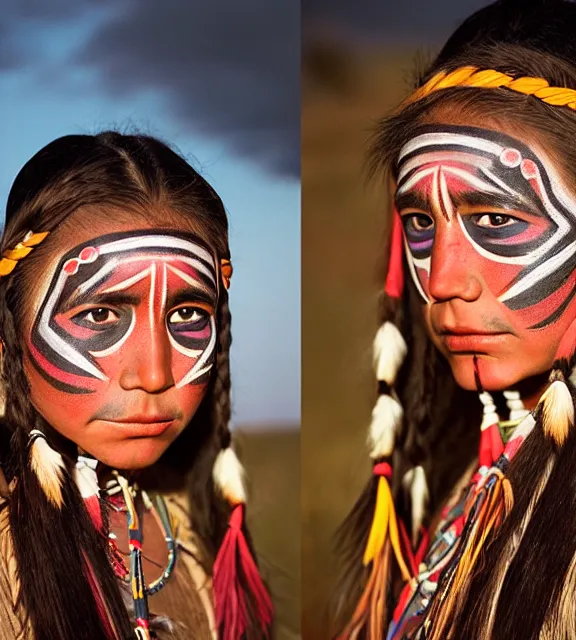 Prompt: A high-quality photo-realistic portrait of a beautiful young native american navajo woman wearing face paint and traditionnal clothing at sunset, two long braide pigtails, by Steve McCurry and Brian Ingram