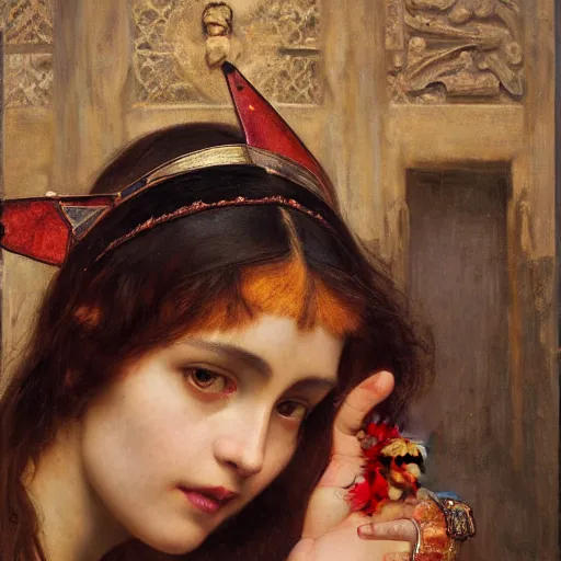 Image similar to orientalist portrait of an olive - skinned witch with cat ears in a sandstone intricate portrait by john william waterhouse and edwin longsden long and theodore ralli and henryk siemiradzki and wlop, very coherent symmetrical artwork. cinematic, hyper realism, high detail 8 k