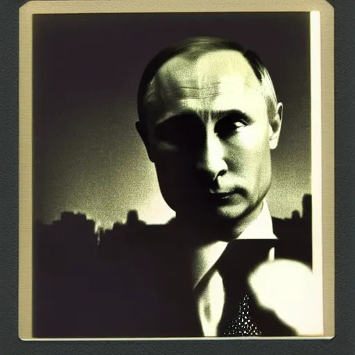 Image similar to Vladimir putin looking at an atomic bomb. polaroid. bleak.