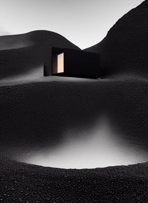 Prompt: tall black geometric house embedded in tall a lava cliff, full view, black house, molten metal house, minimal, rippled white landscape, dwarven architecture, light from molten iron, octane render, hyper realistic, 8 k, octane render