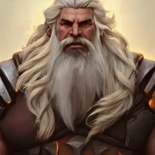 Image similar to high fantasy character portrait of a huge muscular tall giant Reinhardt from Overwatch, long white hair and beard, intricate, wild, highly detailed, digital painting, artstation, upper body, concept art, smooth, sharp focus, illustration, art by artgerm and greg rutkowski and alphonse mucha