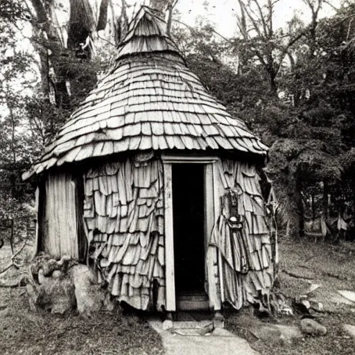 Image similar to A vintage photo of a witches hut with a witch standing on the Porch, 70s, vintage, old