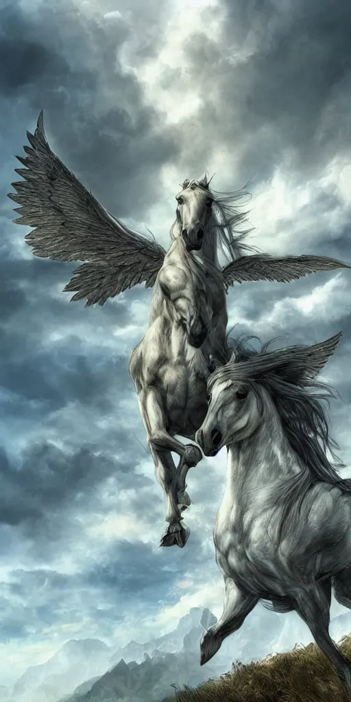 Prompt: a winged horse standing on mountaintop, wings spreading, flowing mane, d&d, hyper realistic, fantasy, illustration