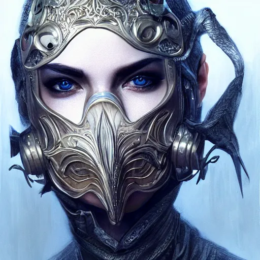 Image similar to Very very very very highly detailed epic photo of face with venetian mask, intricate, dystopian, sci-fi, extremely detailed, digital painting, artstation, concept art, smooth, sharp focus, illustration, intimidating lighting, incredible art by Artgerm and Brom