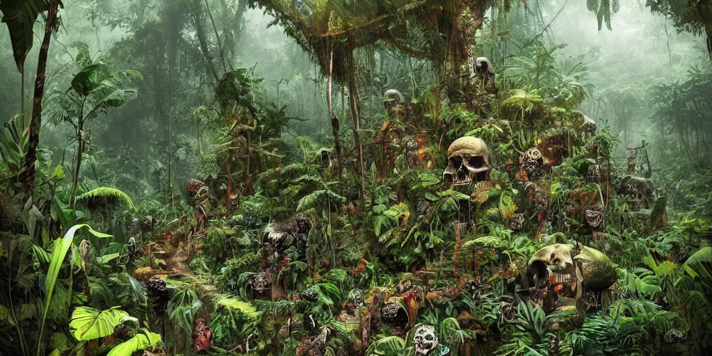 Prompt: a jungle path made of skulls, skulls scattered in the nearby jungle, lush, dense jungle, award winning, cinematic light, by Oliver beck and Marc simonetti