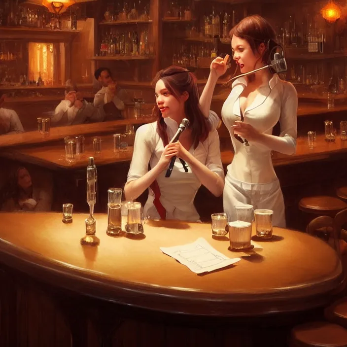 Image similar to a waitress singing on a table in a bar, elegant, real life skin, intricate artwork, high detailed, artstation, concept art, smooth, sharp focus, art by artgerm and greg rutkowski