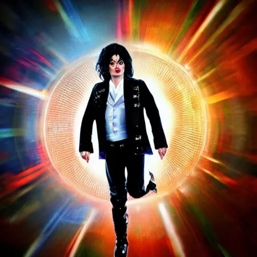 Image similar to a full body photograph of michael jackson as'doctor who ', time vortex in the background, detailed face, symmetrical face, extreme realism and detail, 8 k, completely framed, direct lighting, 3 5 mm photo, photorealistic, sharp focus