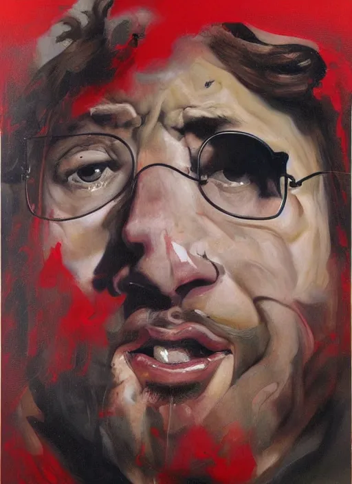 Image similar to bloated red faced sam hyde, straining, bulging eyes, painting by phil hale, fransico goya,'action lines '!!!, graphic style, visible brushstrokes, motion blur, blurry