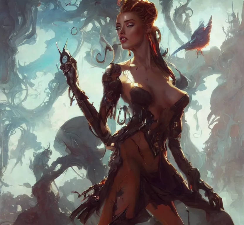 Prompt: amber heard by peter mohrbacher, wadim kashin, greg rutkowski, larry elmore, george pemba, ernie barnes, raymond swanland, magali villeneuve, trending on artstation