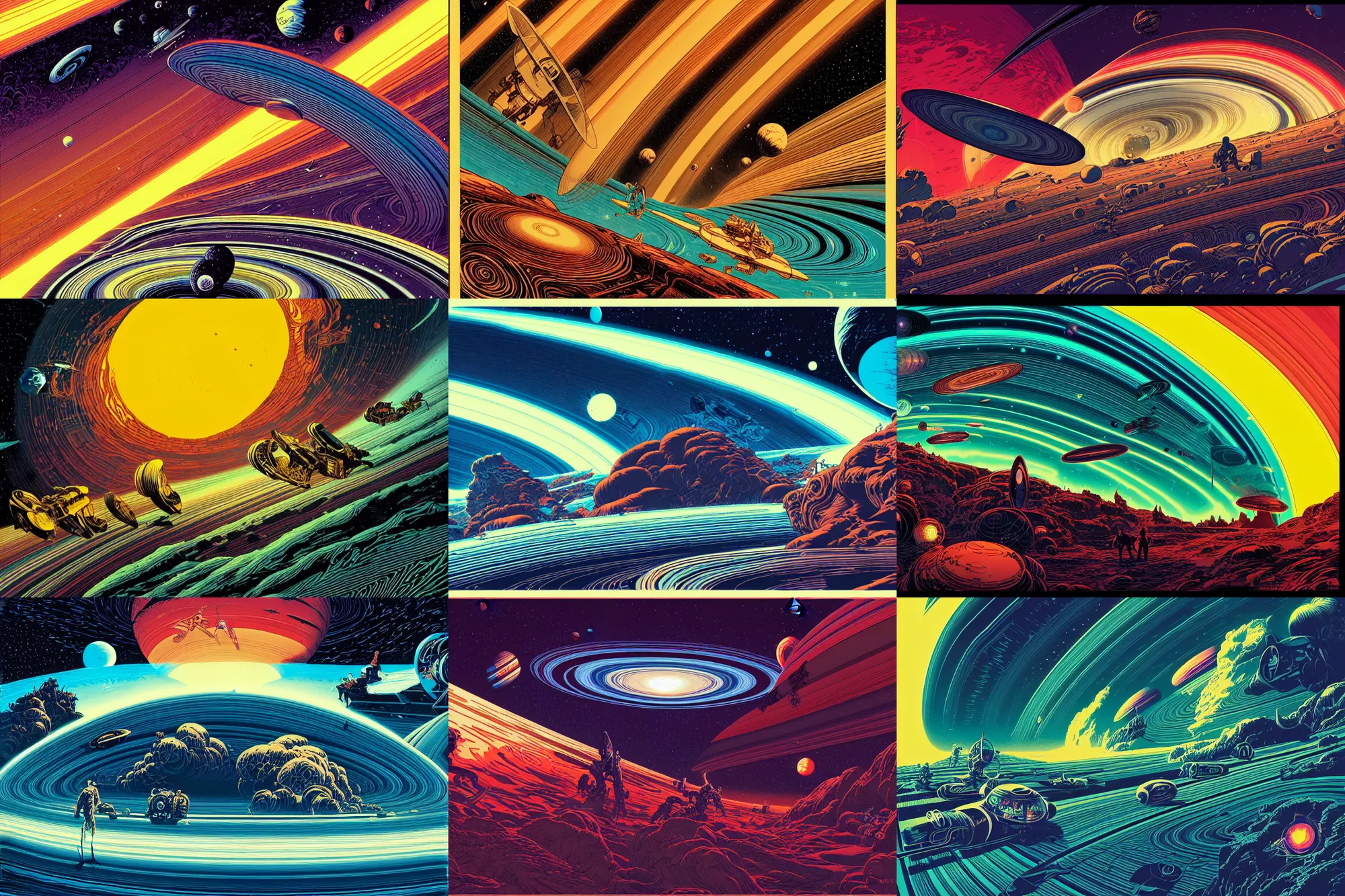 Prompt: artwork by kilian eng and ( dan mumford ) and toshi yoshida and franklin booth showing a oldtimer race on the rings of saturn, vintage scifi, high details, dramatic lightning,, 8 k