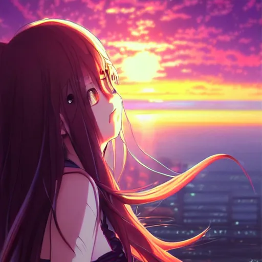 a beautiful anime girl with dark hair, sunset, | Stable Diffusion | OpenArt