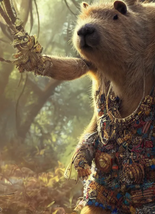 Image similar to detailed full body concept art illustration soft focus oil painting on canvas of an anthropomorphic capybara druid in full intricate clothing, biomutant, dystopian, micro detail, octane render, 4K