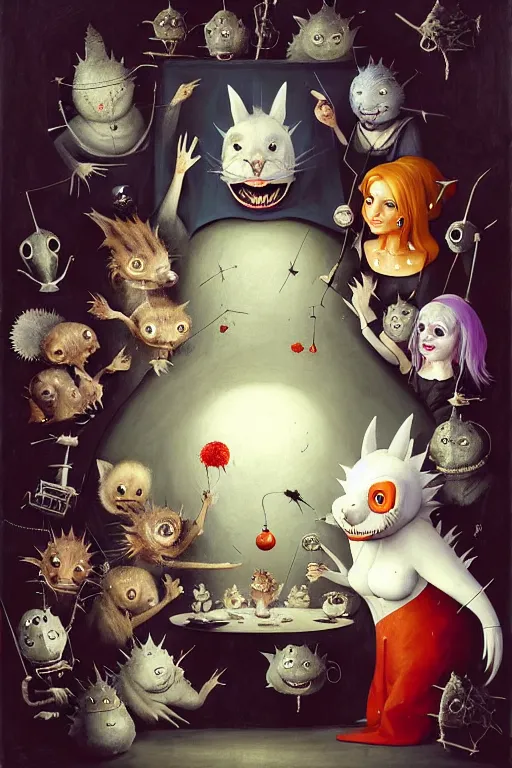 Prompt: hieronymus bosch, greg rutkowski, anna podedworna, painting of two white haired catgirls, a small fat blue godzilla, a pickle in a suit and tie, a cybernetic fox woman, a woman with one eye, a small hedgehog, a man with a shrimp for a head, all laughing at a vampire clown with red hair