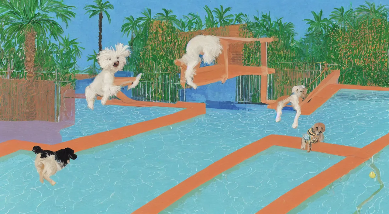 Image similar to medium shot of one cream colored havanese dog jumping from a diving board at a pool at a mid century modern house in palm springs oil painting by david hockney