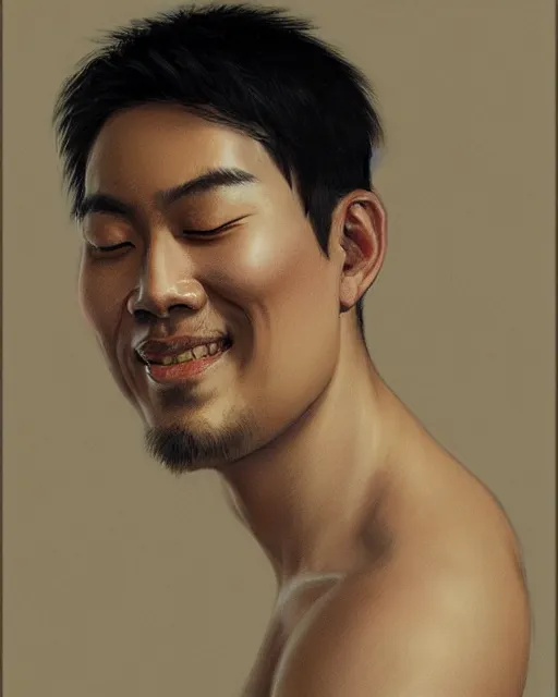 Image similar to A pregnant Asian man with closed eyes smiling, very detailed sharp angular pale masculine face, square jaw, wavy hair, black hair, gorgeous, beautiful, intricate, highly detailed, digital painting, artstation, concept art, sharp focus, illustration, art by Greg Rutkowski and Alphonse Mucha