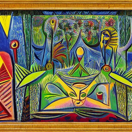 Prompt: intricate five star garden of eden by pablo picasso, oil on canvas, hdr, high detail, photo realistic, hyperrealism, matte finish, high contrast, 3 d depth, centered, masterpiece, vivid and vibrant colors, enhanced light effect, enhanced eye detail, artstationhd