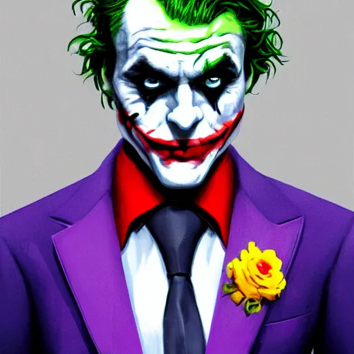 Prompt: the joker in a posh suit, attending university, portrait, artstation