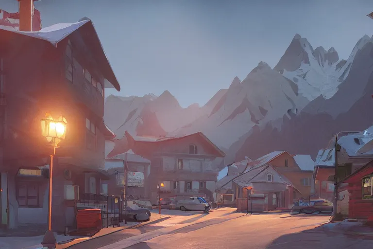 Prompt: cozy town in rocky mountains, matte painting, life is strange concept art, warm light, 3 d cell shading render