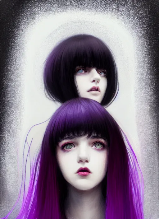 Image similar to portrait of teenage girl, red irises, bangs, black and white hair, white bangs, purple clothes, white bangs, two color hair, black hair and white bangs, intricate, elegant, glowing lights, highly detailed, digital painting, artstation, concept art, smooth, sharp focus, illustration, art by wlop, mars ravelo and greg rutkowski