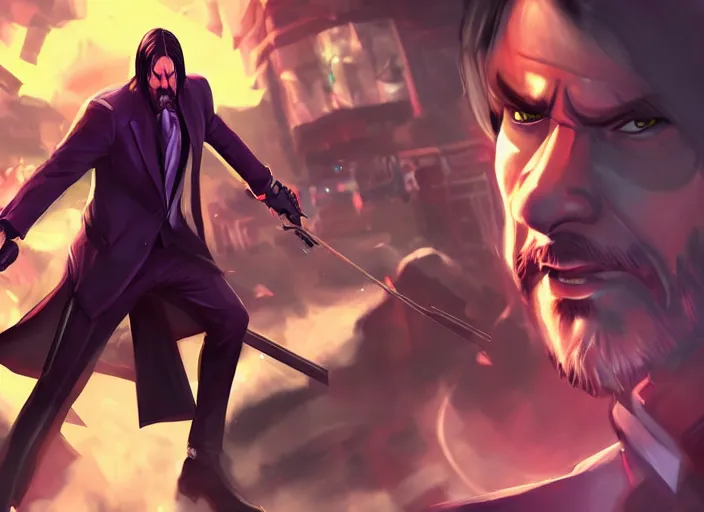 Image similar to john wick as league of legends character splash art, artstation, trending, digital painting