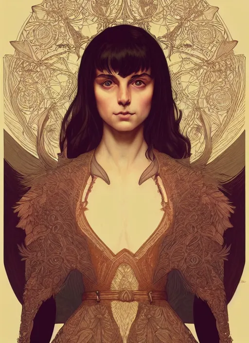 Prompt: symmetry portrait of welsh brunette student in mans tunic, tomboy, short hair, intricate forest background, intricate, elegant, highly detailed, digital painting, artstation, concept art, smooth, sharp focus, illustration, art by artgerm and greg rutkowski and fra angelico and alphons mucha