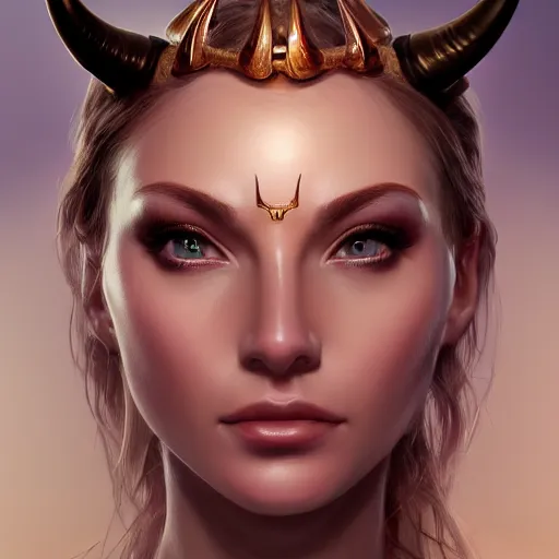 Image similar to perfectly - centered close - up face - portrait of horned goddess, the perfect human female specimen, intricate, elegant, super highly detailed, professional digital painting, artstation, concept art, smooth, sharp focus, no blur, no dof, extreme illustration, unreal engine 5, 8 k, by anne stokes